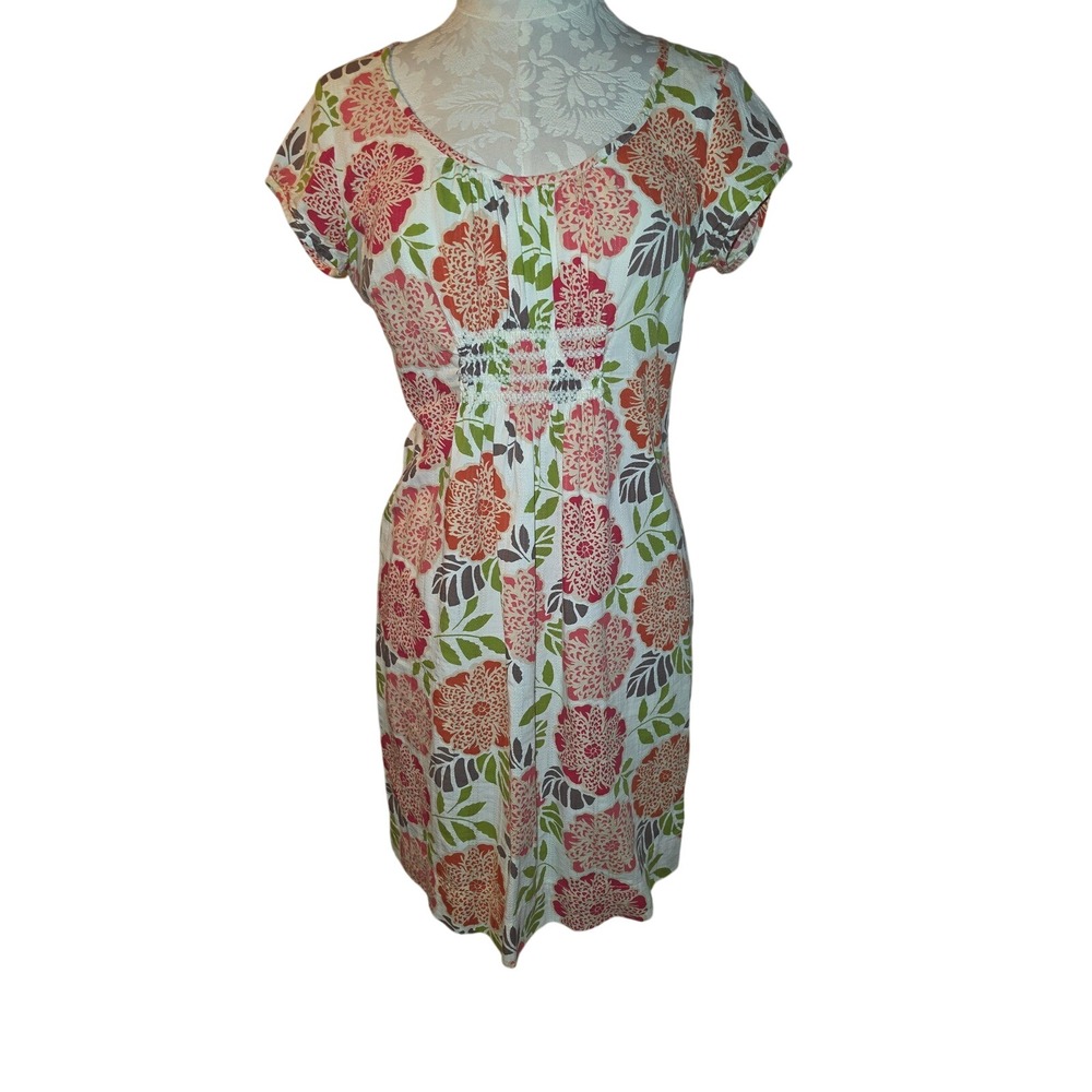 Floral Short Sleeve Shift Dress White Coral Orange Green Scoop Neck Summer S